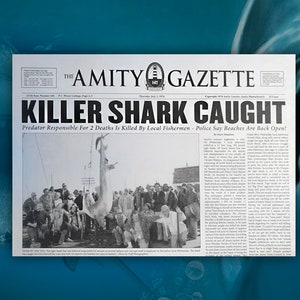 JAWS Killer Shark Newspaper 1975 Movie Props Jaws Memorabilia Amity Island Jaws Gifts Amity Gazette Decor Art Quint Sign Great White Shark