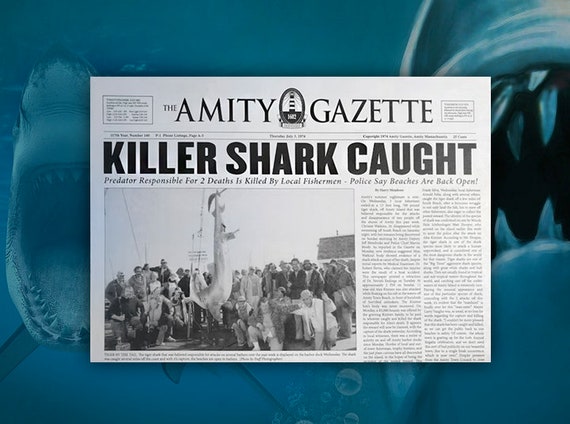 JAWS Killer Shark Newspaper 1975 Movie Props Jaws Memorabilia