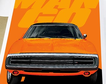 1970 Dodge Charger Poster, "Go ManGo" Orange Muscle Car Pop Art (24x36)