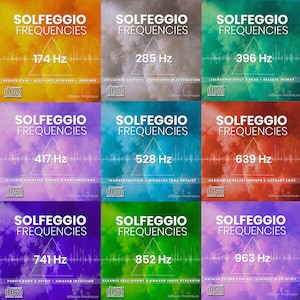 May include: Nine square images with the text "SOLFEGGIO FREQUENCIES" and different Hz values. Each square has a unique color and a description of its purpose, such as "Reduce Pain" or "Awaken Crown Chakra".