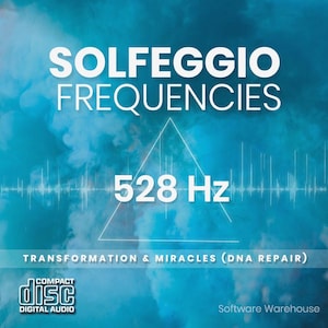 May include: A CD cover with the words "SOLFEGGIO FREQUENCIES" in white, above "528 Hz". The text "TRANSFORMATION & MIRACLES (DNA REPAIR)" is below. A "COMPACT disc DIGITAL AUDIO" logo is in the lower left corner. The background is a blue, cloudy design.