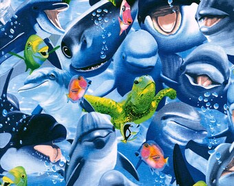 ELIZABETH STUDIOS SHARK FISH TURTLES DOLPHIN FABRIC SOLD BY THE 1//2 YARD