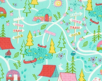 100/% Cotton Fabric Timeless Treasures Camping Holiday Map Treasure Hunt