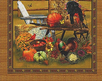 Autumn Gourds, Fall Gourds Fabric: SPX Autumn Bounty Farm Rooster, Dogs, Red Barns  100% cotton fabric by the Panel 23"x43" (M310)