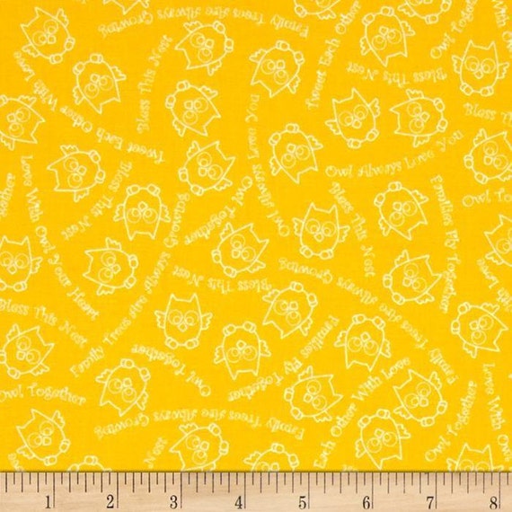 Owl Fabric: Owl In The Family Owl Sketch & Words on Yellow by Quilting Treasures 100% cotton fabric by the yard QT331