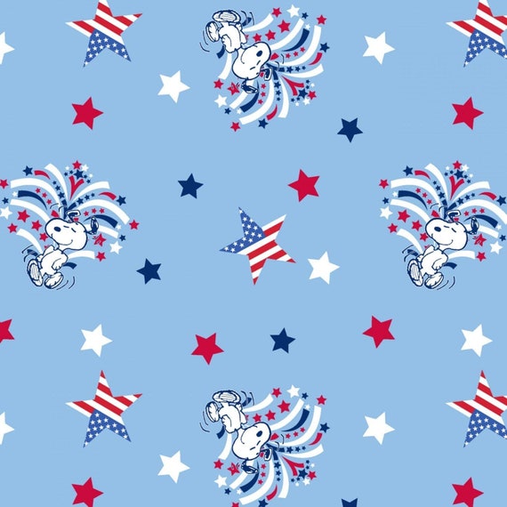 Snoopy Fabric, Patriotic Fabric: Patriotic Peanuts Snoopy Star Spangled Blue with US Flags & Stars 100% cotton Fabric by the yard (SC9XX)