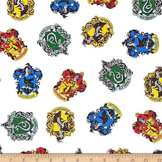 Harry Potter Fabric: Harry Potter School Crest White  -Gryffindor, Slytherin, Ravenclaw, Hufflepuff 100% cotton fabric by the yard (CA1083)