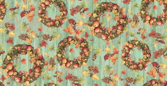 Autumn Leaves Fabric, Fall Wreath Fabric: Susan Winget Fall Wreath Harvest Apples Toss with Leaves  100% cotton fabric by the yard (SC160AA)
