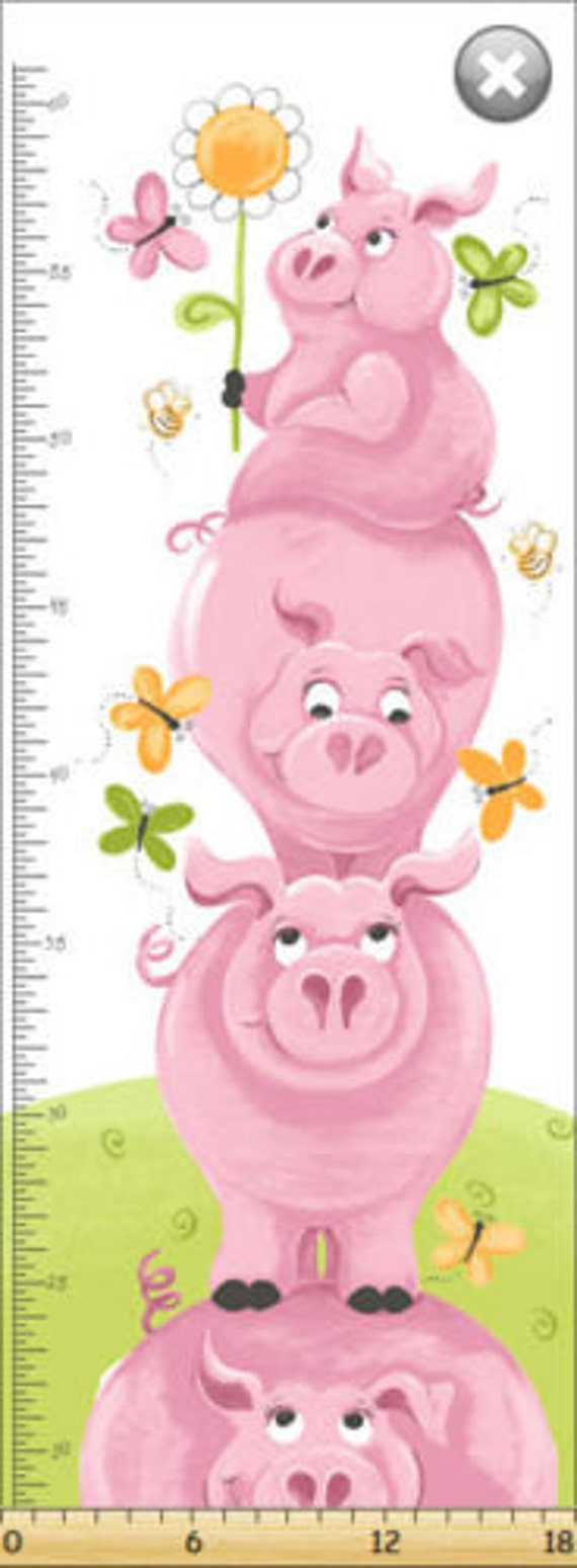 Pink Fabric, Susybee Fabric : Flip the pig Growth Chart panel- Pink Piglet and Butterflies  100% cotton fabric by the Panel 15"x43" (SB1)