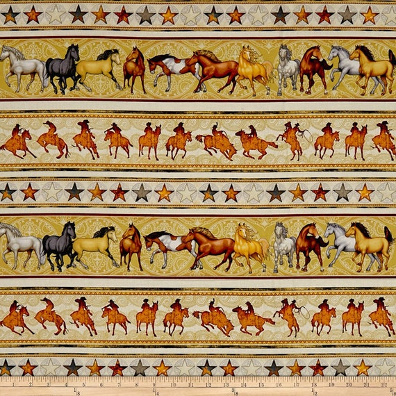 Horse Fabric: Quilting Treasures Qt Quilt Fabrics Dan Morris Mustang Sunset Mustang Stripe with Ranchers 100% Cotton Fabric By The Yard