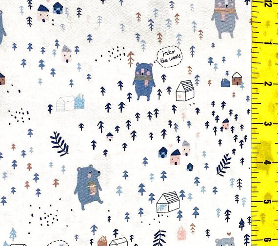Winter Bear Fabric, Nursery Fabric: Dear Stella Bear Hike Freezing Bear in Forest with Cabins White 100% Cotton Fabric by the yard (TT285BB)