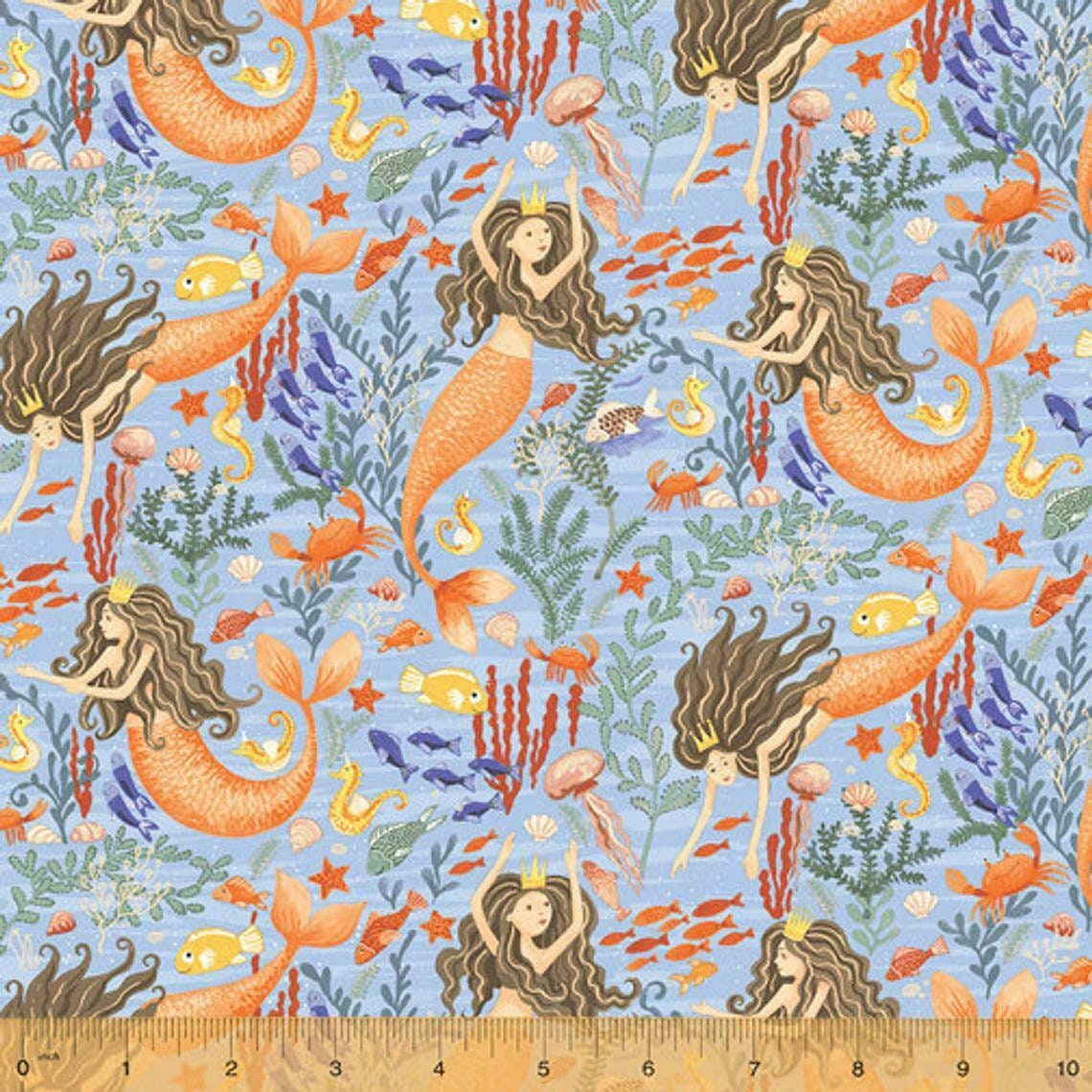 Mermaid Fabric: Mermaids Fish Corals on Blue by Windham Fabrics 100%