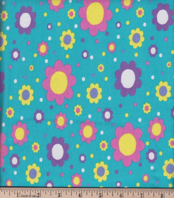 Floral Fabric, Cartoon Fabric: Floral Turquoise Yellow Purple Blue Knit 96% cotton + 4 percent of Spandex Fabric By The Yard (U77)