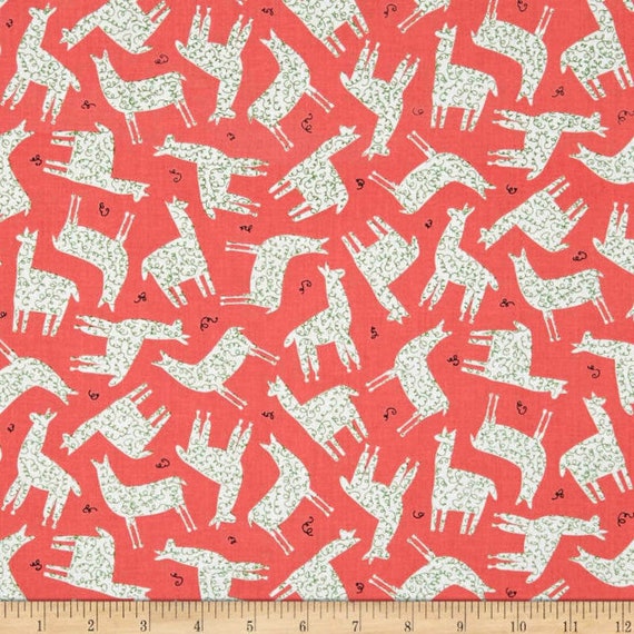 Alpaca Fabric: Dark Coral Quilting Treasures Picnic Alpacas Silhouettes 100% cotton Fabric by the yard (QT862)