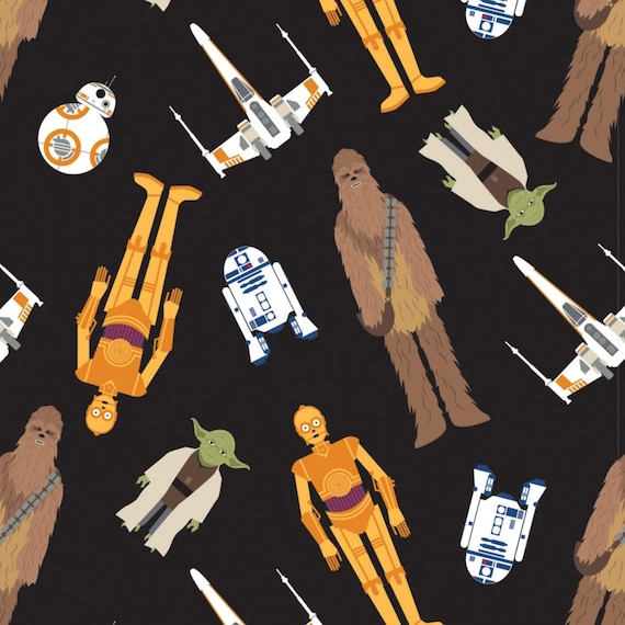Star Wars Fabric: Camelot Star Wars Character Toss Tossed in Space Black - Yoda, Chewbacca, C-3PO  100% cotton fabric by the yard (CA1488KK)