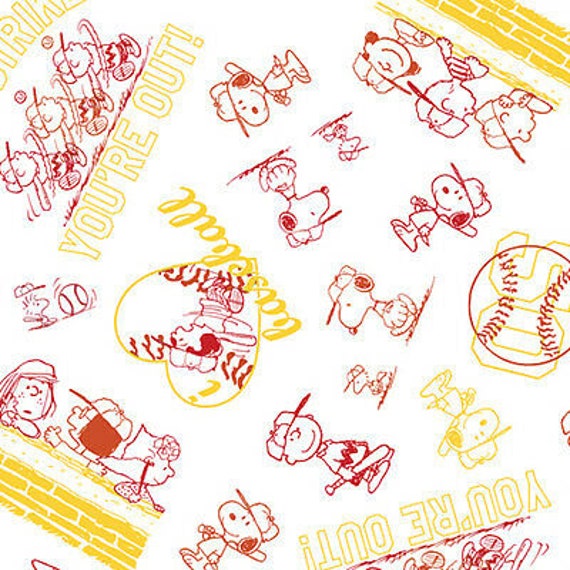 Snoopy Fabric: All Stars Peanut snoopy Comic baseball Yellow Red 100% cotton Fabric by the yard (QT227)