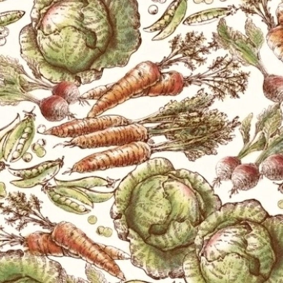 Vegetables Fabric: Windham Fabrics Market Place Vegetable Toile White -Cabbage, Carrot, Beets, Snow Peas 100% cotton fabric by the yard M411