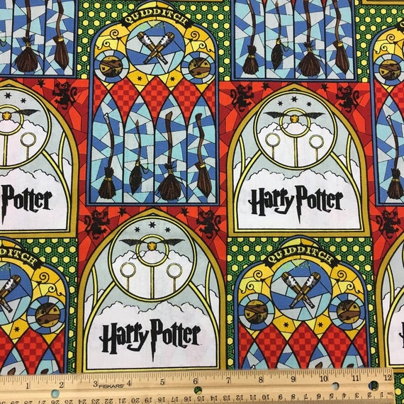 Harry Potter Fabric: Harry Potter Stained Glass Quidditch  100% cotton fabric by the yard (CA1272)