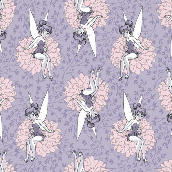 Disney Fabric: Camelot Disney Peter Pan & Neverland Character Tinkerbell Sitting on a Flower Purple100% cotton fabric by the yard (CA772KK)