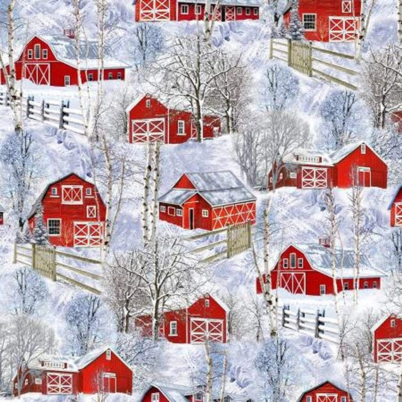 Winter Snow Fabric, Red Barn Fabric:   Timeless Treasures Red Barns in Snow Premium Quality 100% cotton fabric by the yard ( TT1189KK)