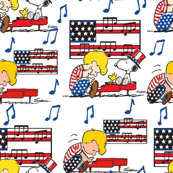 Snoopy Fabric, Patriotic Fabric: Springs Creative Patriotic Peanuts Schroeder Snoopy Americana White 100% cotton fabric by the yard (SC8XX)