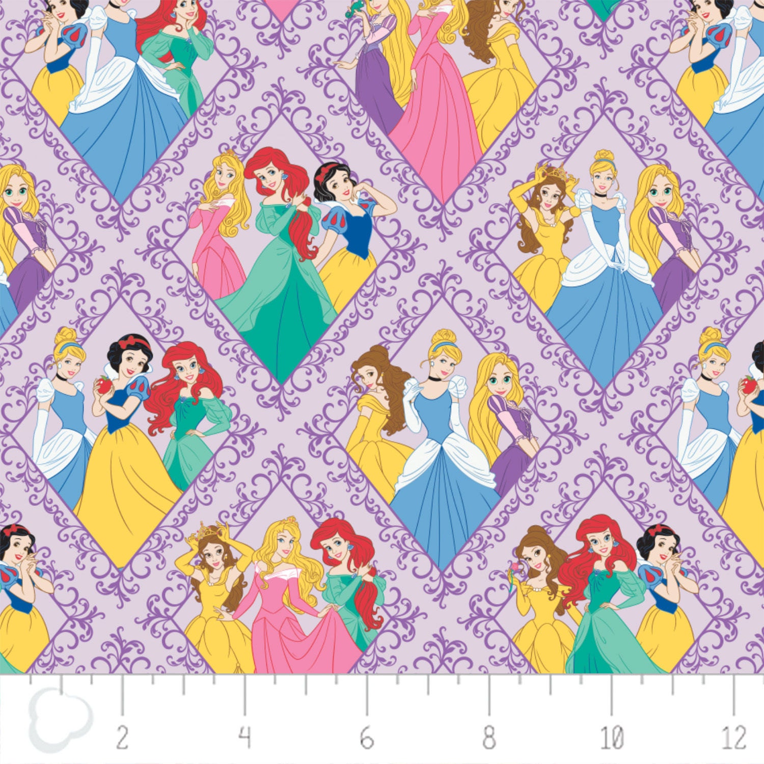 Disney Princess Fabric: Camelot Disney Princesses All over diamond patches Purple 100% Fabric by
