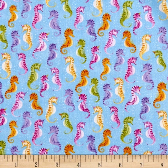 Seahorse Fabric:  Timeless Treasures Meow-Maids Seahorses Blue 100% cotton fabric by the yard (TT734 )