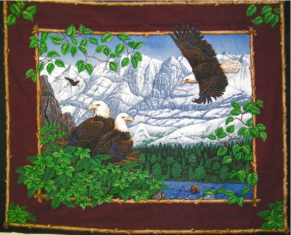 Eagles Fabric: Eagles Overlook snow Mountains Wallhanging panel  / Quilt Top Panel 100% cotton Fabric by the panel (SC1026)