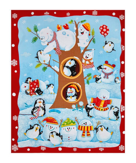 Christmas fabric: Henry Glass Penguin Parade Multi by Nidhi Wadhwa of Blue Fish 100% cotton fabric by the Panel 36"x43" (M553)