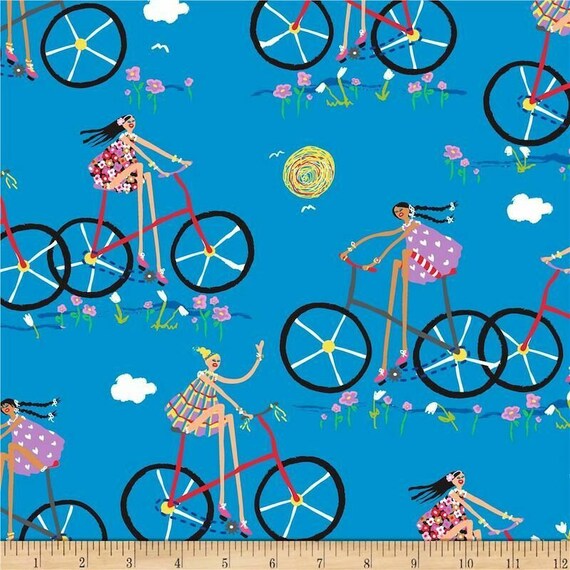 Kids Fabric: Turquoise Quilting Treasures City Gals Girls On Bikes 100% cotton Fabric by the yard (QT1018)