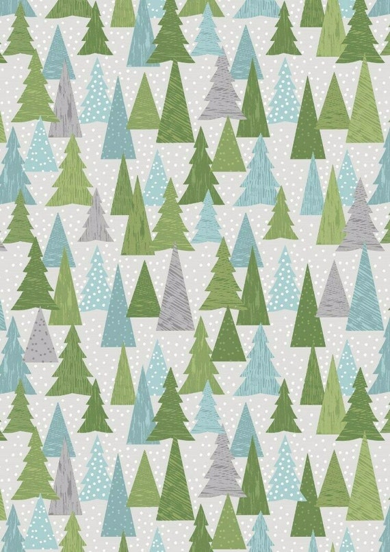 Christmas Fabric: Lewis & Irene Christmas Hygge Christmas Trees Icy Blue Forest Scene Green 100% cotton fabric by the yard (M509)