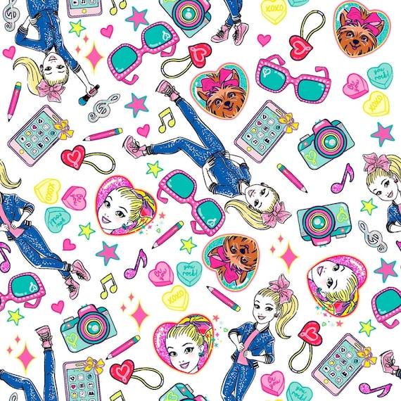JoJo Siwa Fabric: JoJo Siwa Tech Toss Puppy Bow Bow, Glasses, Hearts Candy, Music Note on White 100% Cotton Fabric By The Yard  SC1552KK