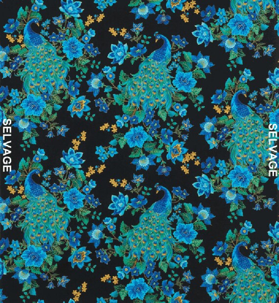 Peacock Fabric: Beautiful Peacock Metallic by Timeless Treasures Plume CM8662 Black with Floral  100% cotton Fabric by the yard   (TT112)