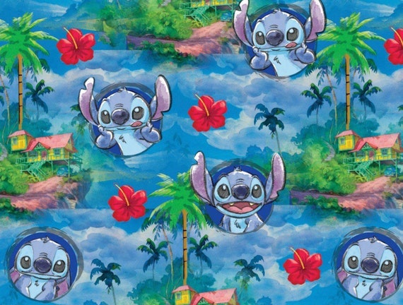 Cartoon Fabric, Disney Fabric: Disney Lilo & Stitch - Stitch Hawaiian Night Blue with Hibiscus Allover 100% cotton Fabric by the yard SC97