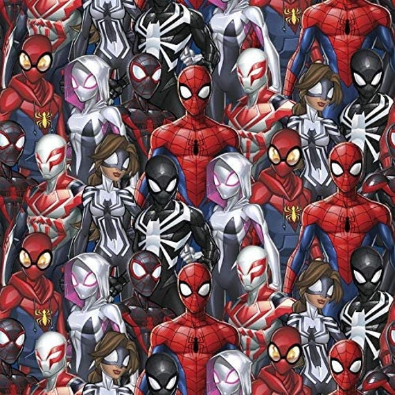 Spider-man Fabric: Marvel Spiderman Into The Spider Verse Different Packed Spiderman's Digital  100% cotton fabric by the yard (SC1558KK)