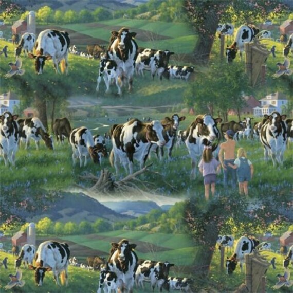Animal Fabric: Cows in the Sun Animal Scenic Digital David Textiles 100% cotton Fabric By The Yard (DA143)