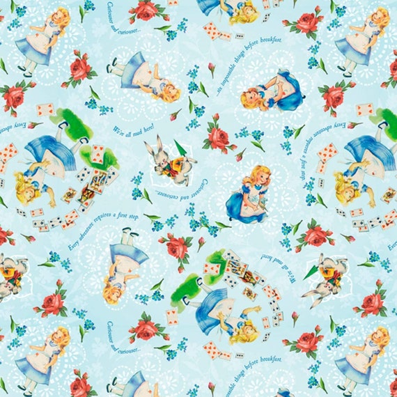Disney Fabric, Alice in wonderland Fabric: David Textiles Sweet Alice Light Blue With White Rabbit 100% cotton Fabric by the yard (DA195KK)
