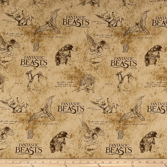 Camelot Fantastic Beasts Wizarding World Fantastic Beasts Logo & Creatures TAN Metallic  100% cotton Fabric by the yard (CA1101)
