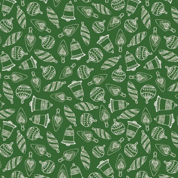 Christmas Fabric : Santa's Stash - Ornaments Toss Green 100% cotton fabric by the yard 36"x43" (SC716)