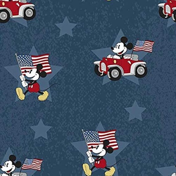 Disney Mickey Fabric, Cartoon Fabric: Disney Patriotic Mickey with USA flags Navy Blue  100% Cotton Fabric By The Yard SC212KK