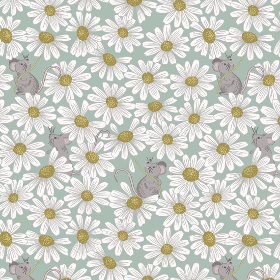 Floral Fabric, Little Mouse Fabric: Lewis & Irene Love Me Love Me Not Little Mouse Mice with Daisy 100% cotton fabric by the yard (M424)