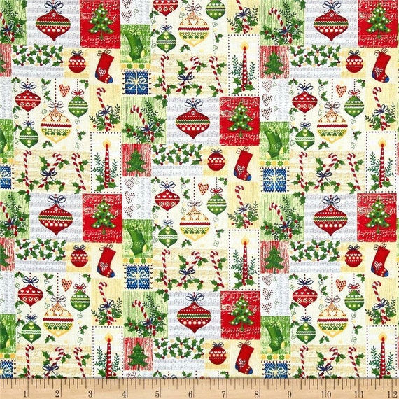 Christmas Fabric, Ornament Fabric: Fabri-quilt Christmas Ornament Patch- Stocking, Candle, Tree, Candy Cane  100% cotton fabric by the yard