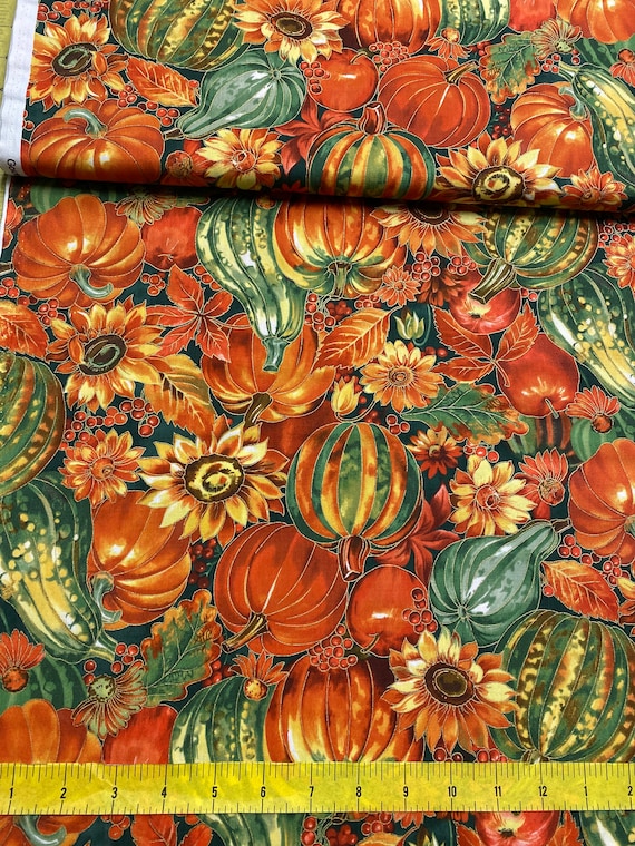NEW Autumn Fabric: Fabri-Quilt Golden Harvest Metallic Pumpkins Grounds Multi 100% cotton fabric by the yard  (FQ191)