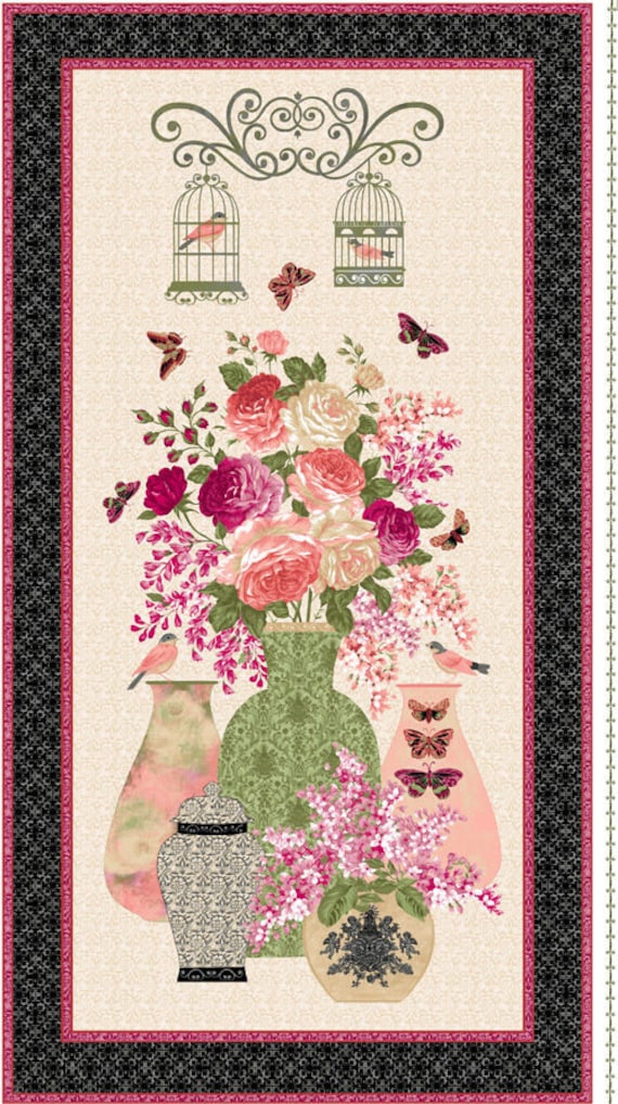 Floral Fabric: Paintbrush Studio Natural Beauty Floral Vase, Rose, Bird Cage, Butterflies 100% cotton fabric by the PANEL 23"x43" (FQ328)