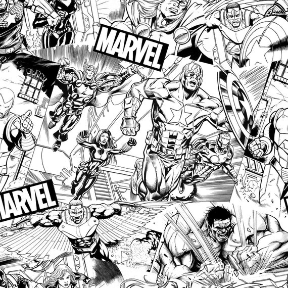 Marvel Fabric, Avengers Fabric: Marvel Avengers Sketch Black & White by Springs Creative 100% cotton Fabric By The Yard (SC1579KK)
