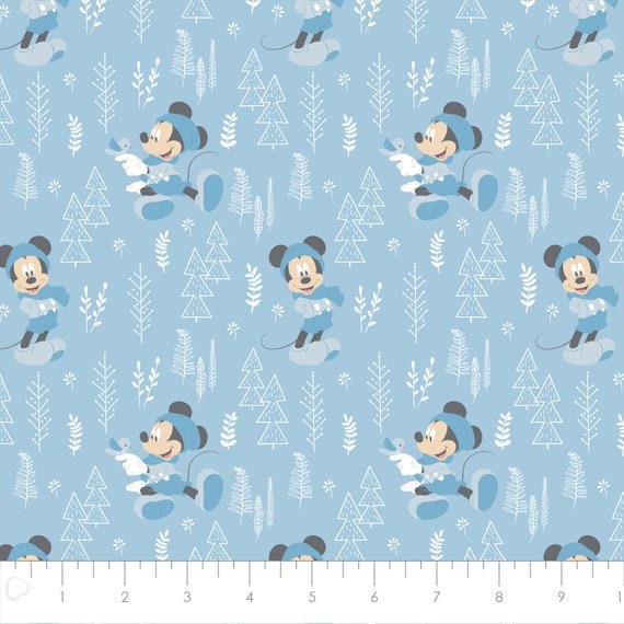 Disney Fabric, Mickey Fabric: NEW Camelot Disney Little Meadow Mickey Mouse Forest Blue  100% cotton fabric by the yard (CA962)