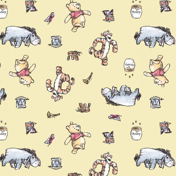 Camelot Disney Winnie The Pooh Collection Busy Days Chamomile Yellow Pooh, Tigger, Piglet, EEyore 100% cotton fabric by the yard (CA1454KK)