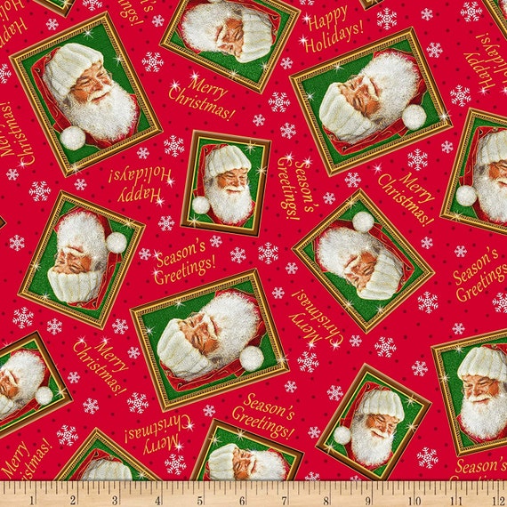 Christmas Fabric: Quilting Treasures Santa's List Tossed Santa Frames Red 100% cotton Fabric by the yard (QT1201KK)