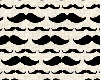 Black Mustache Fabric: Mustache Stripes on Beige Premium by David Textiles 100% cotton Fabric (DA18)