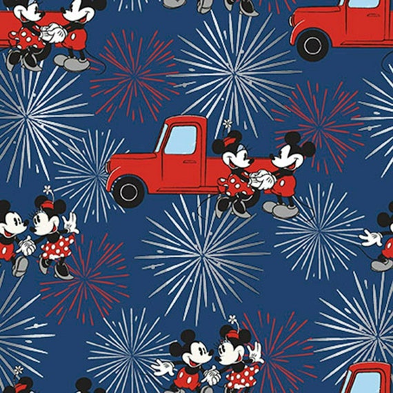 Disney Mickey Fabric, Minnie Fabric: Disney Patriotic Mickey and Minnie Fireworks Blue Fourth of July 100% Cotton Fabric By The Yard SC211KK
